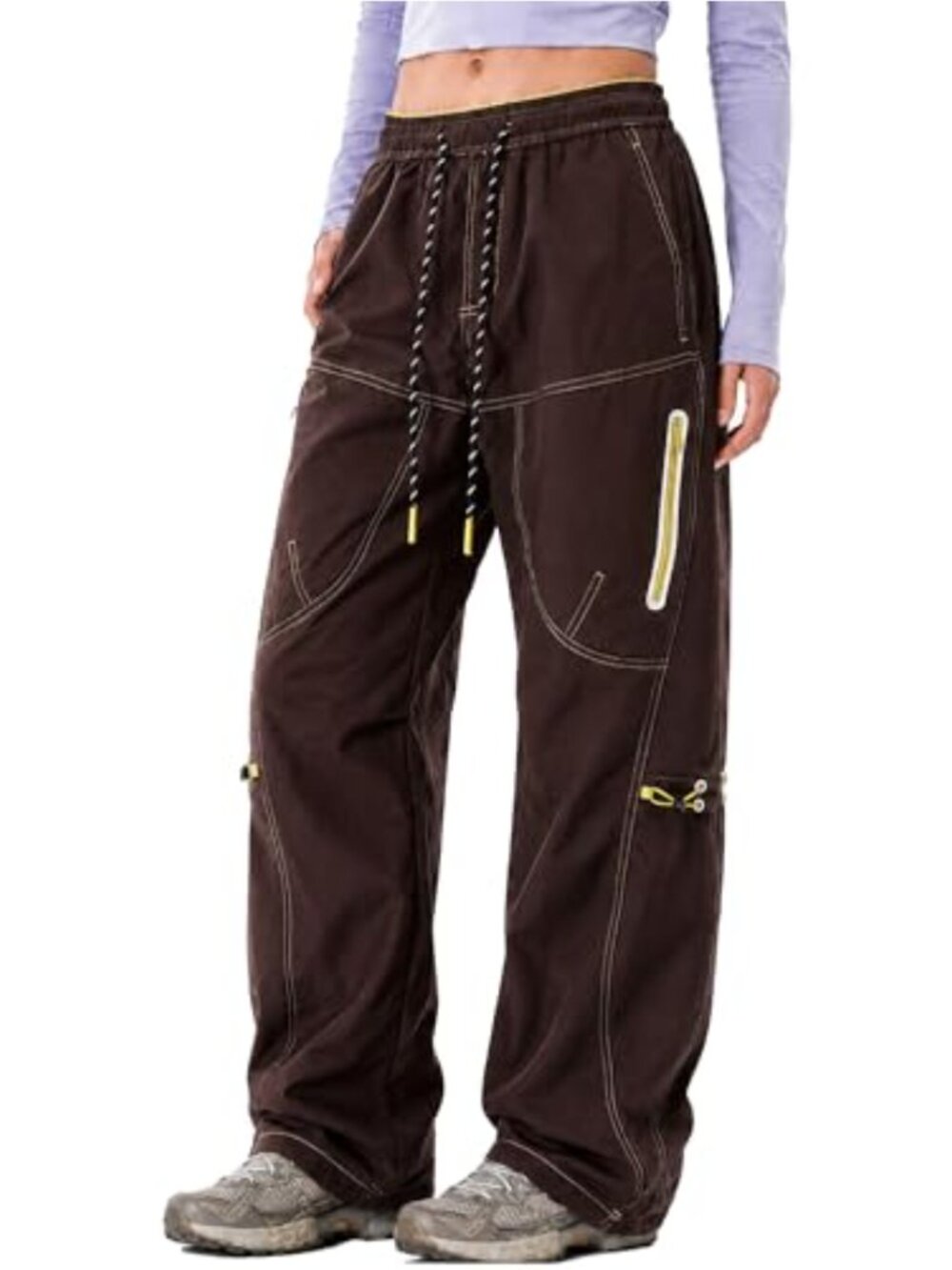 Womens Parachute Cargo Pants Baggy Wide Leg Water Resistant High Rise